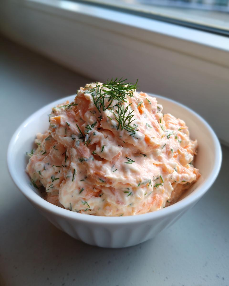A white bowl filled with creamy, pink salmon dip, garnished with fresh dill sprigs.