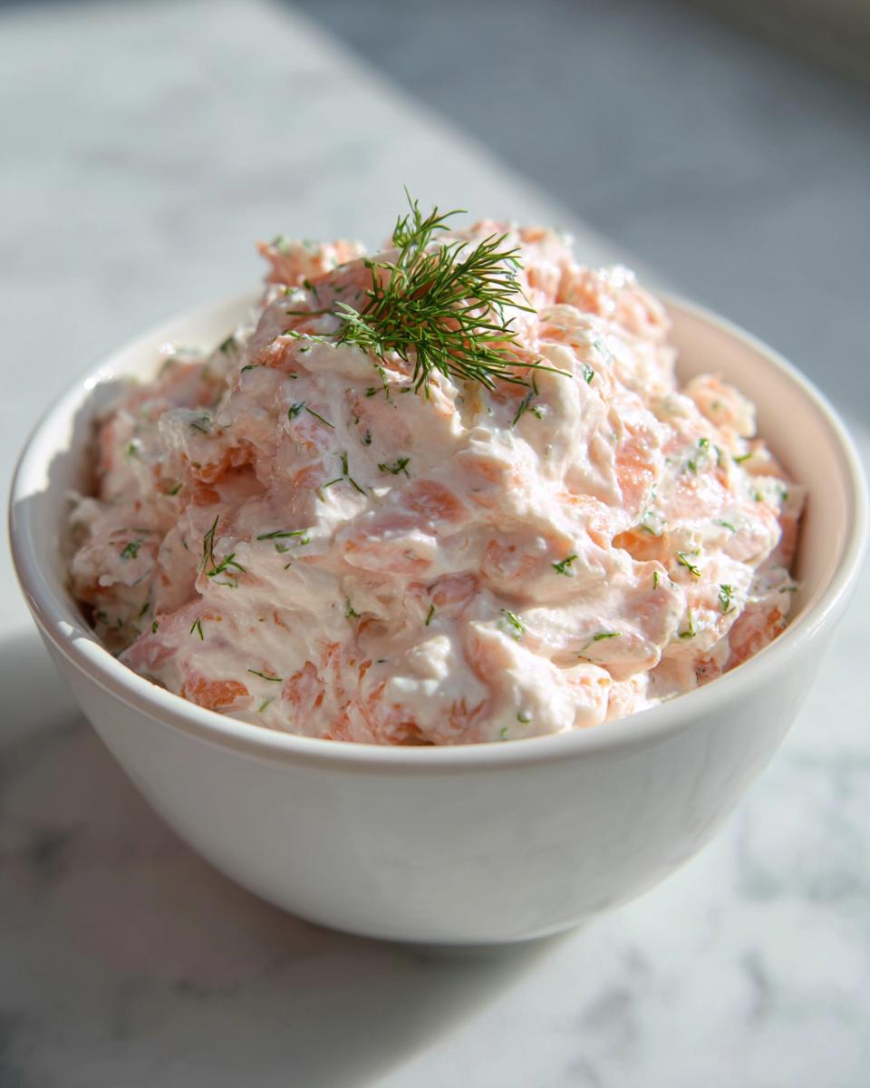 A white bowl filled with rich, pink salmon dip mixed with herbs, topped with a sprig of fresh dill.
