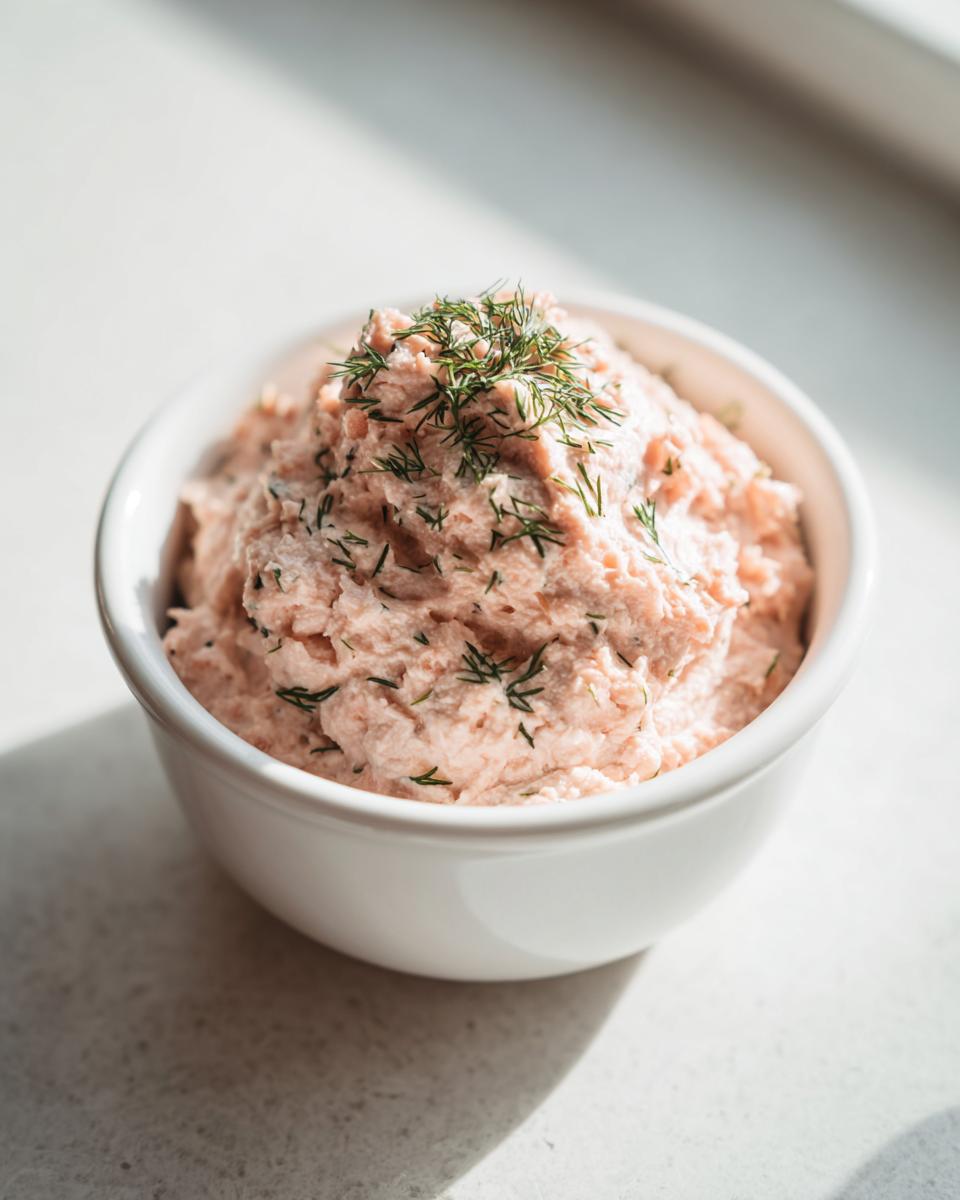 Close-up of creamy pink salmon dip garnished with fresh dill, served in a white bowl.