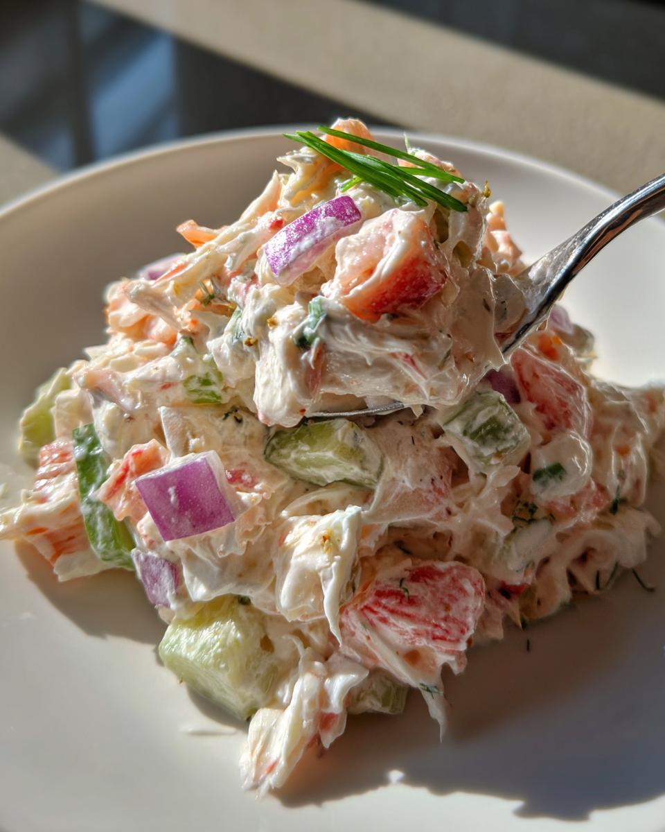 A spoonful of creamy seafood salad featuring imitation crab, celery, and red onion, garnished with chives.