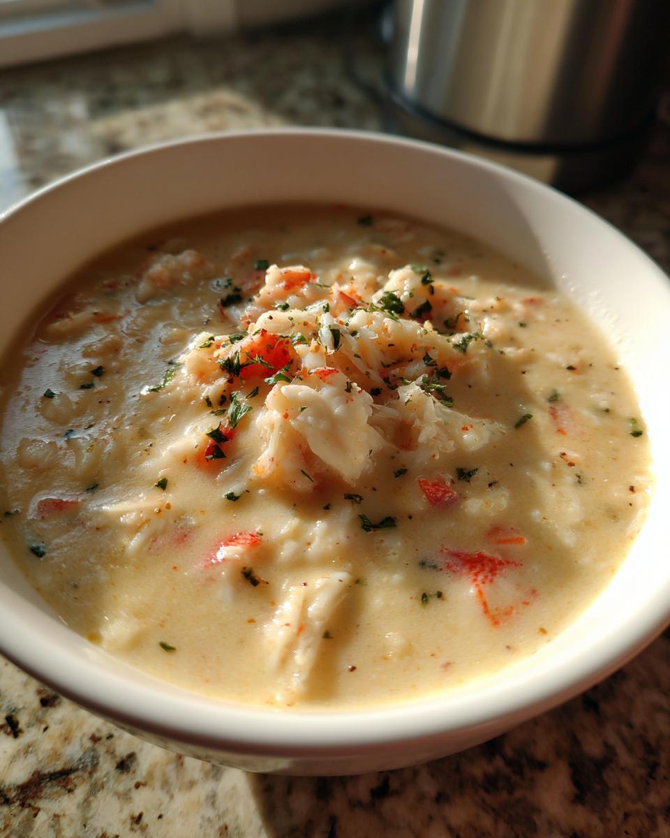 A close-up of a creamy bowl of she crab soup garnished generously with lump crab meat and parsley.