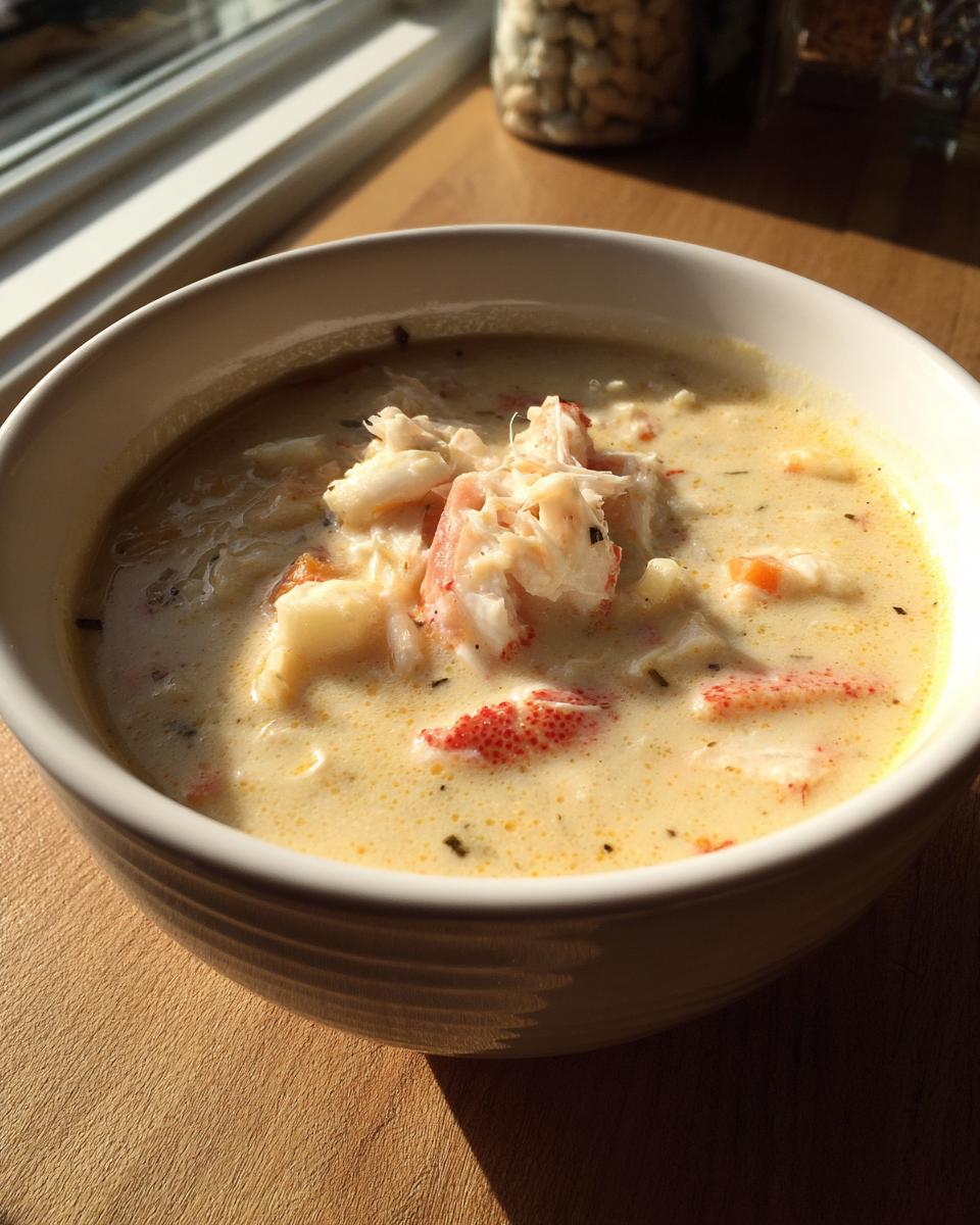 A close-up of rich, creamy she crab soup topped generously with chunks of white and red crab meat.