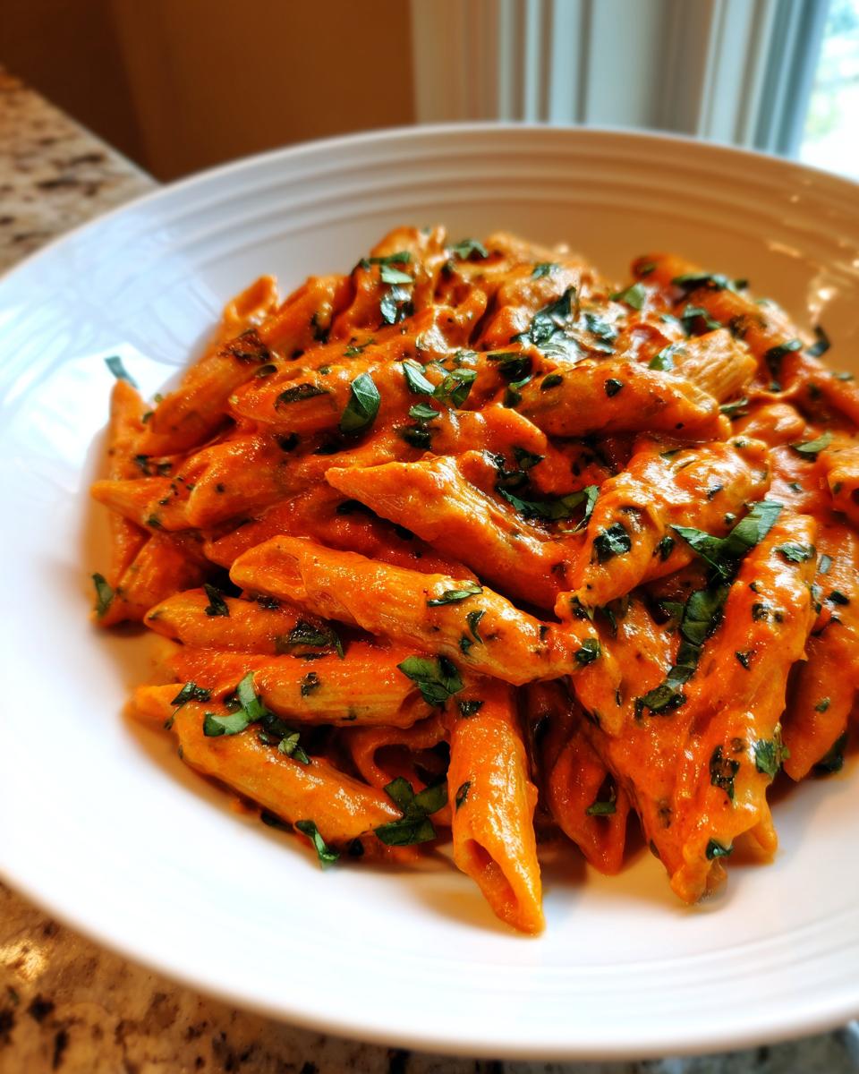 Close-up of penne pasta coated in a rich, creamy tomato basil pasta sauce and topped with fresh basil.