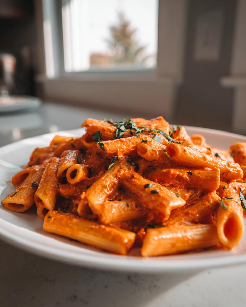 Close-up of penne pasta coated in a rich, creamy tomato basil pasta sauce, garnished with fresh herbs.