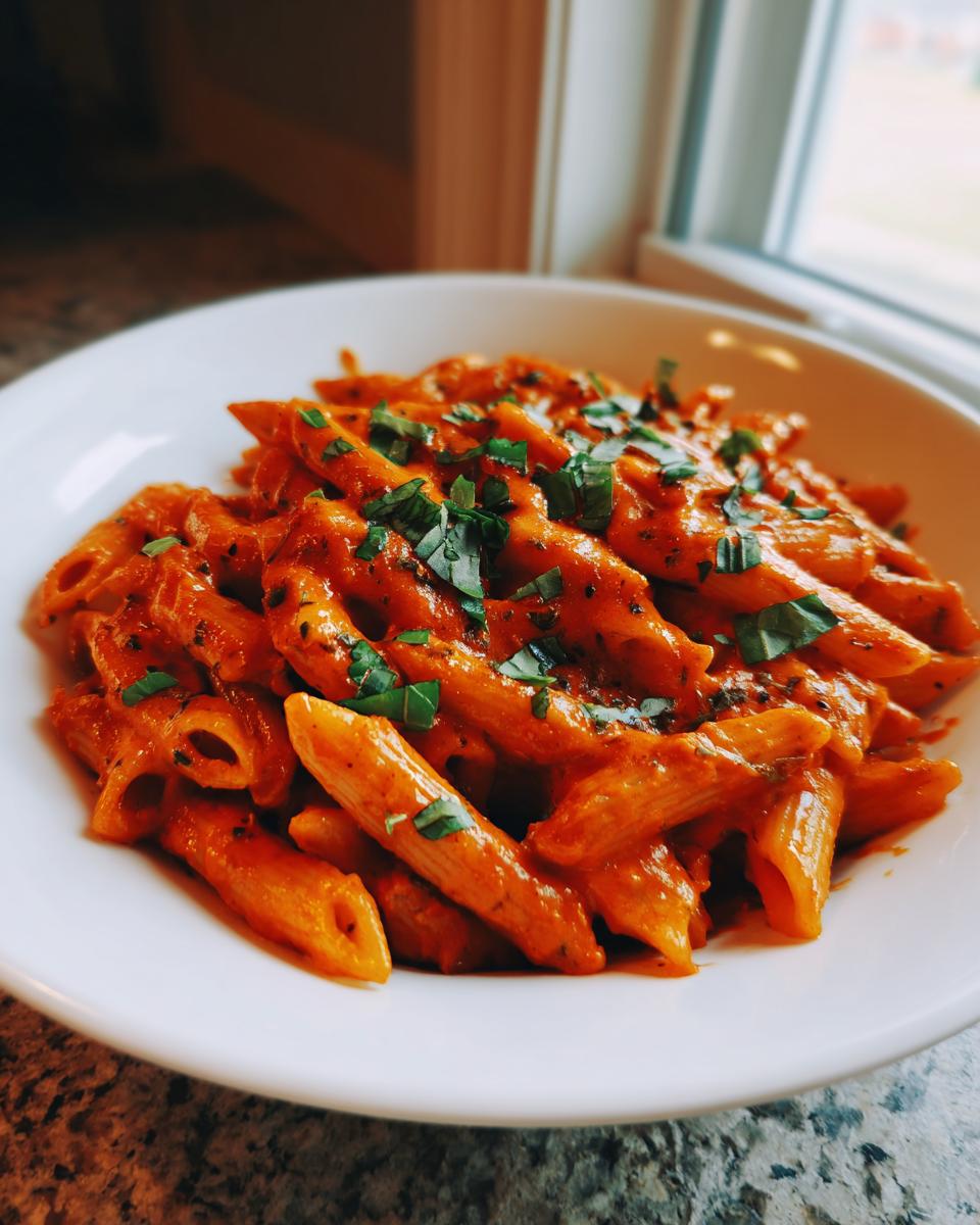 A close-up of creamy tomato basil pasta (penne) topped with fresh chopped basil in a white bowl.