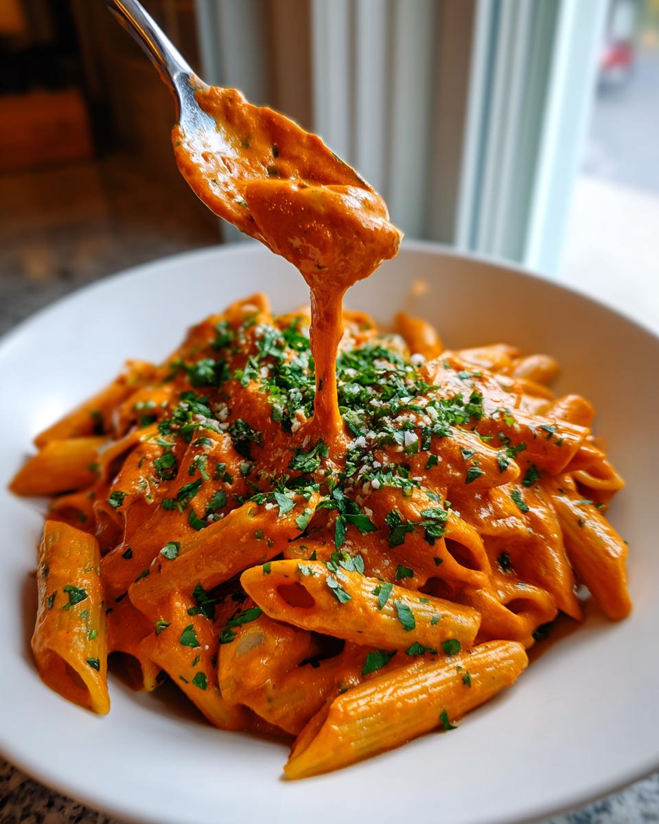A spoonful of creamy sauce drips onto a bowl of penne tomato basil pasta topped with fresh parsley.