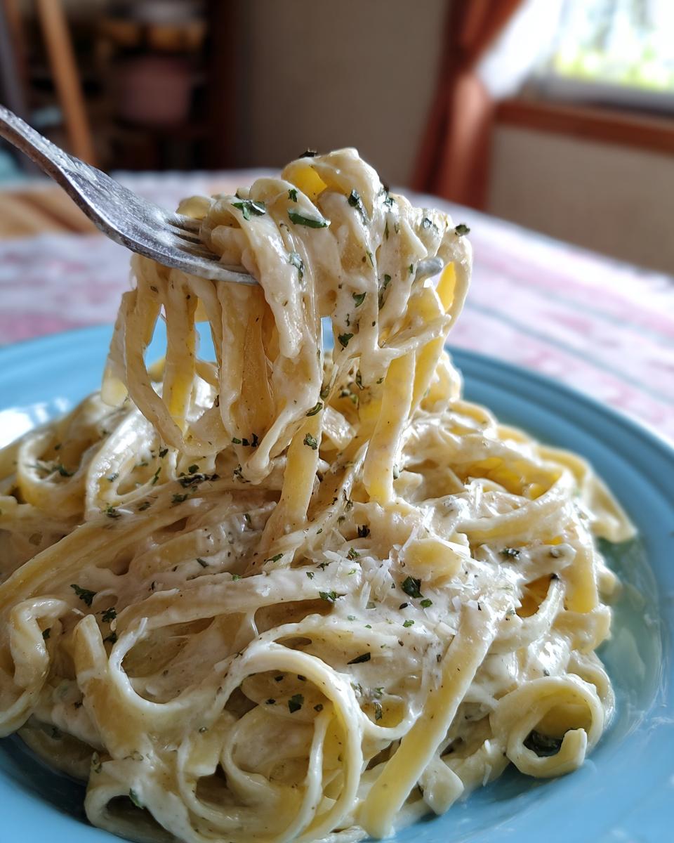 A fork lifting fettuccine noodles coated generously in creamy vegan alfredo sauce, sprinkled with herbs.