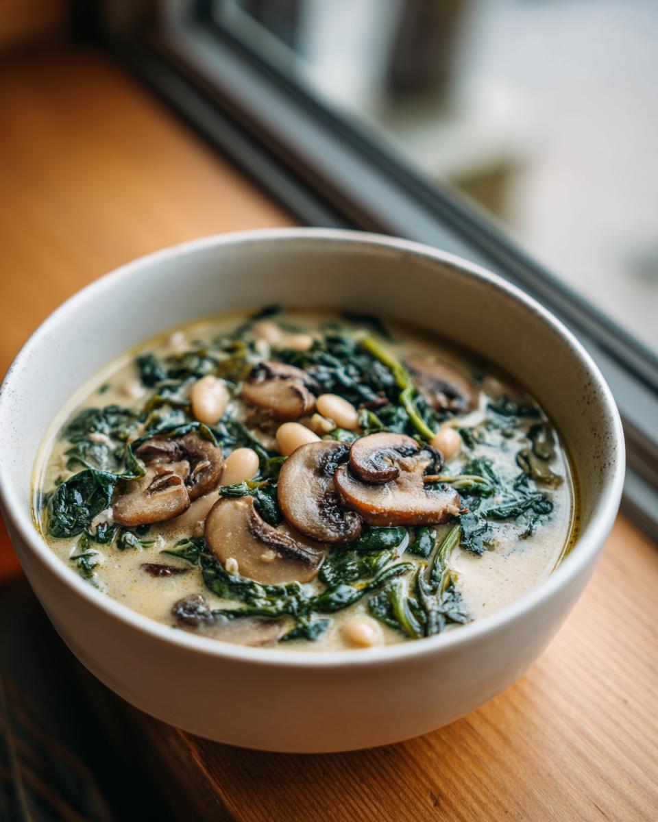 Close-up of a creamy white bean mushroom stew topped with sautéed mushrooms and spinach.