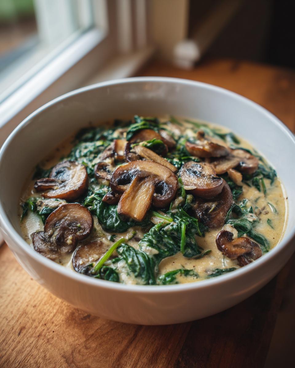 A close-up of a creamy white bean mushroom stew featuring sautéed mushrooms and wilted spinach in a white bowl.