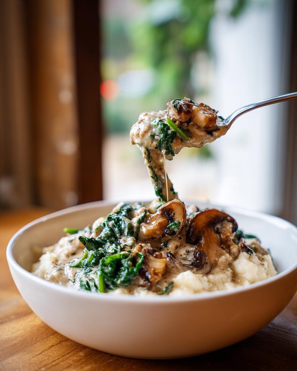 A spoonful of creamy white bean mushroom stew with spinach being lifted from a bowl of mashed potatoes.