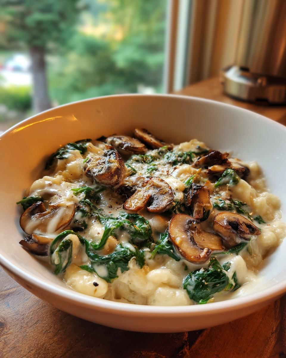 Close-up of creamy white bean mushroom stew featuring sautéed mushrooms and wilted spinach in a white bowl.