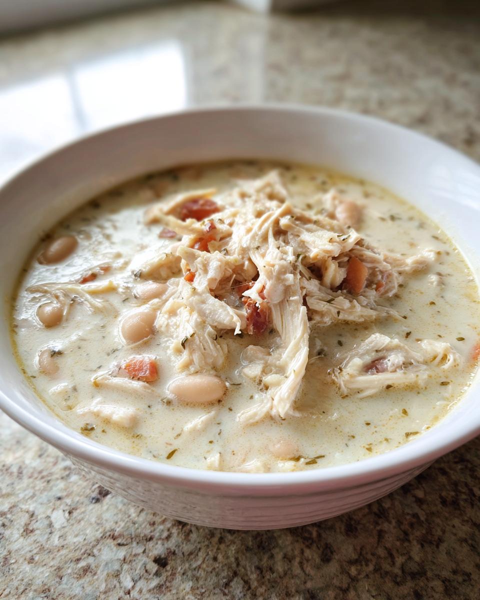 Close-up of a creamy white chicken chili topped with shredded white chicken and white beans.