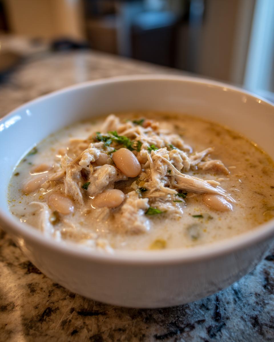 A close-up of a bowl filled with creamy white chicken chili, featuring shredded white chicken and white beans, garnished with herbs.