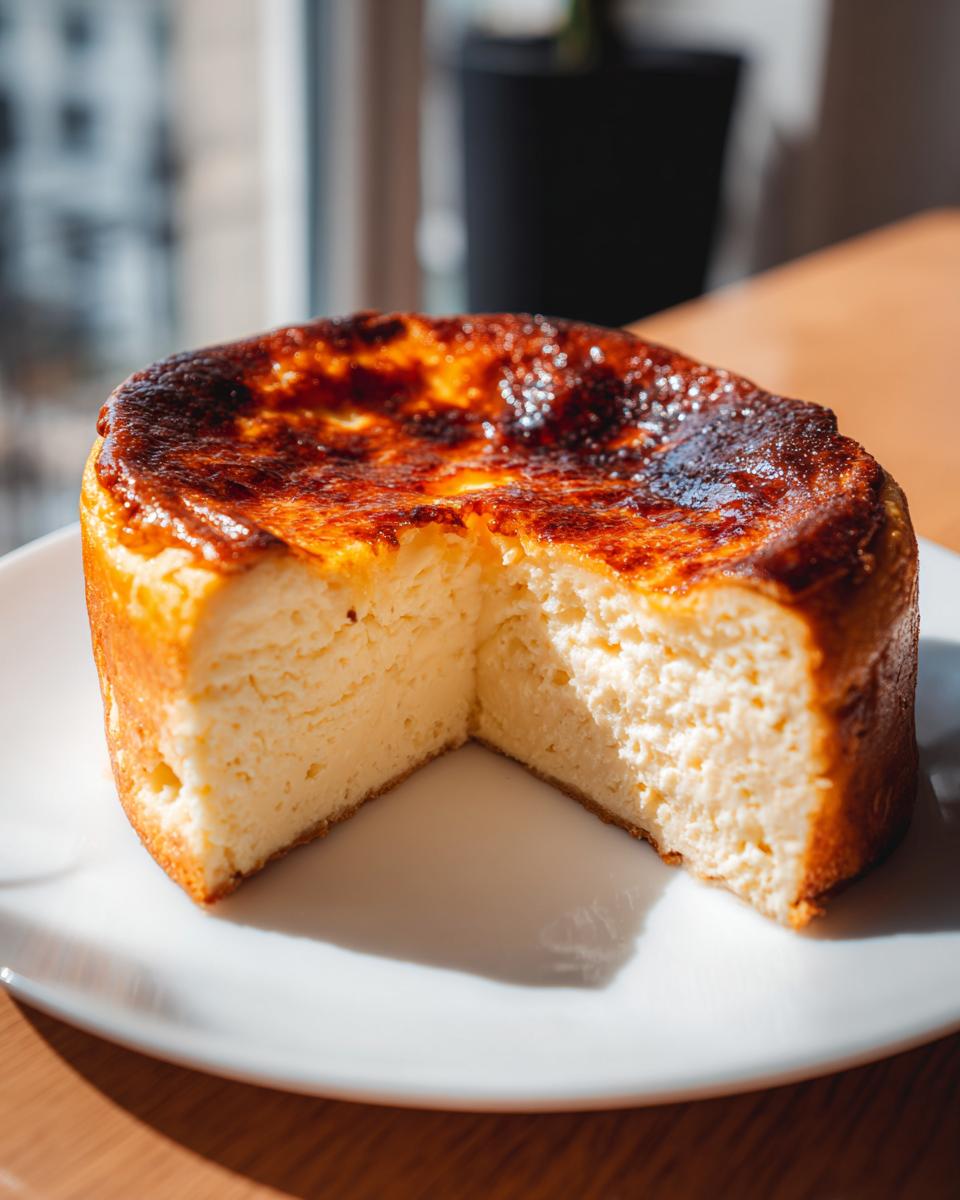 A whole creme brulee cheesecake with a slice removed, featuring a deeply caramelized, burnt top.