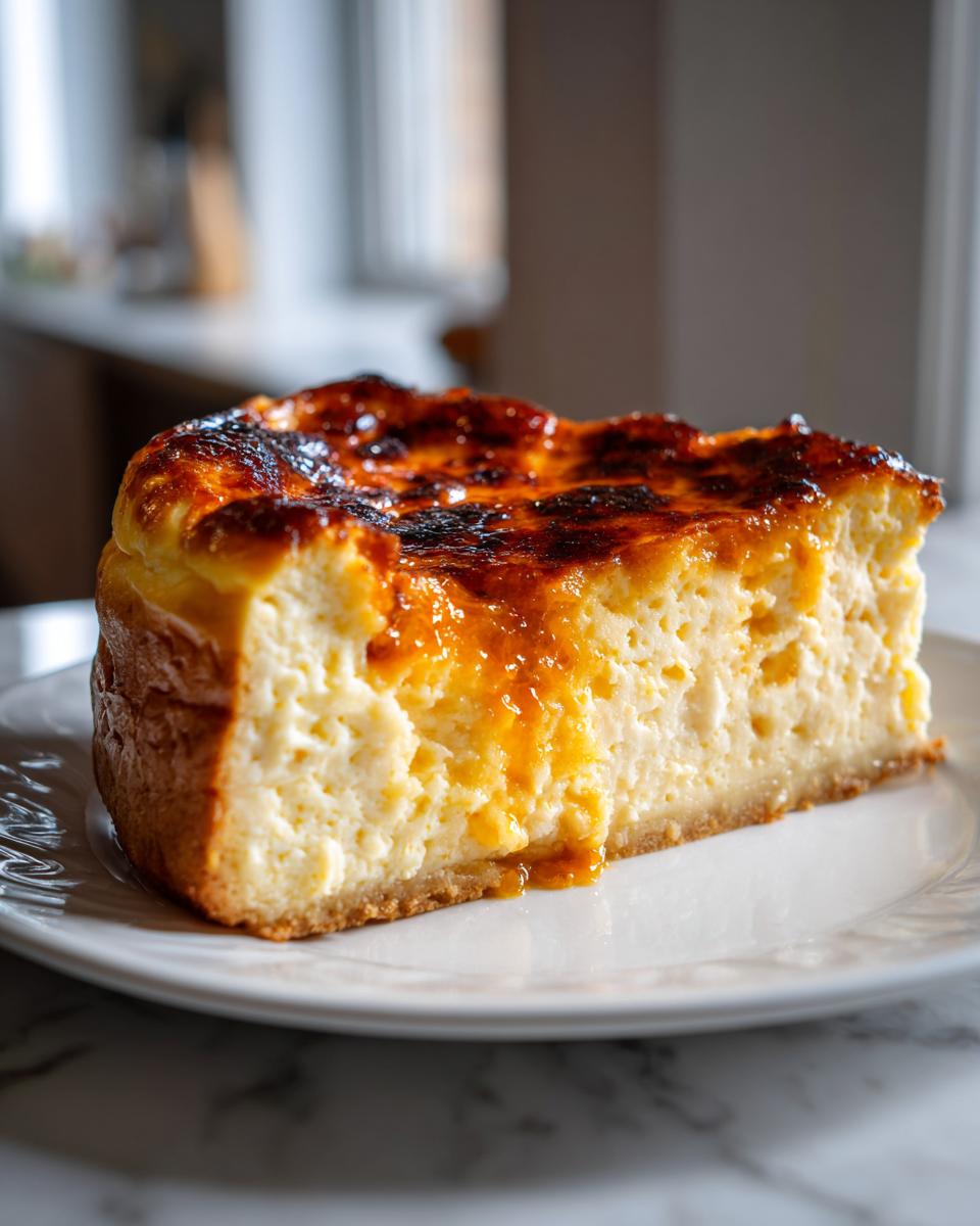 A thick slice of creme brulee cheesecake featuring a creamy interior and a dark, caramelized, torched sugar topping.