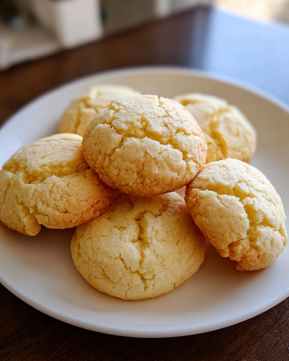A close-up of several golden, crinkled top butter cookie treats piled on a white plate.