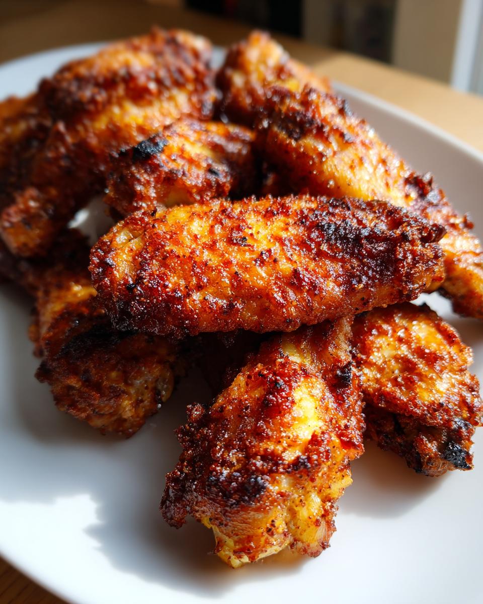 A close-up of several golden-brown, seasoned crispy air fryer chicken wings piled on a white plate.