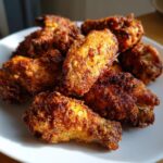 Close-up of several golden-brown, crispy air fryer chicken wings piled on a white plate.