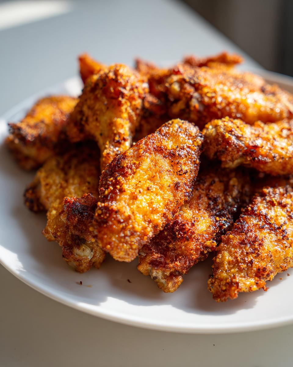 A close-up of a pile of golden brown, seasoned crispy air fryer chicken wings on a white plate.