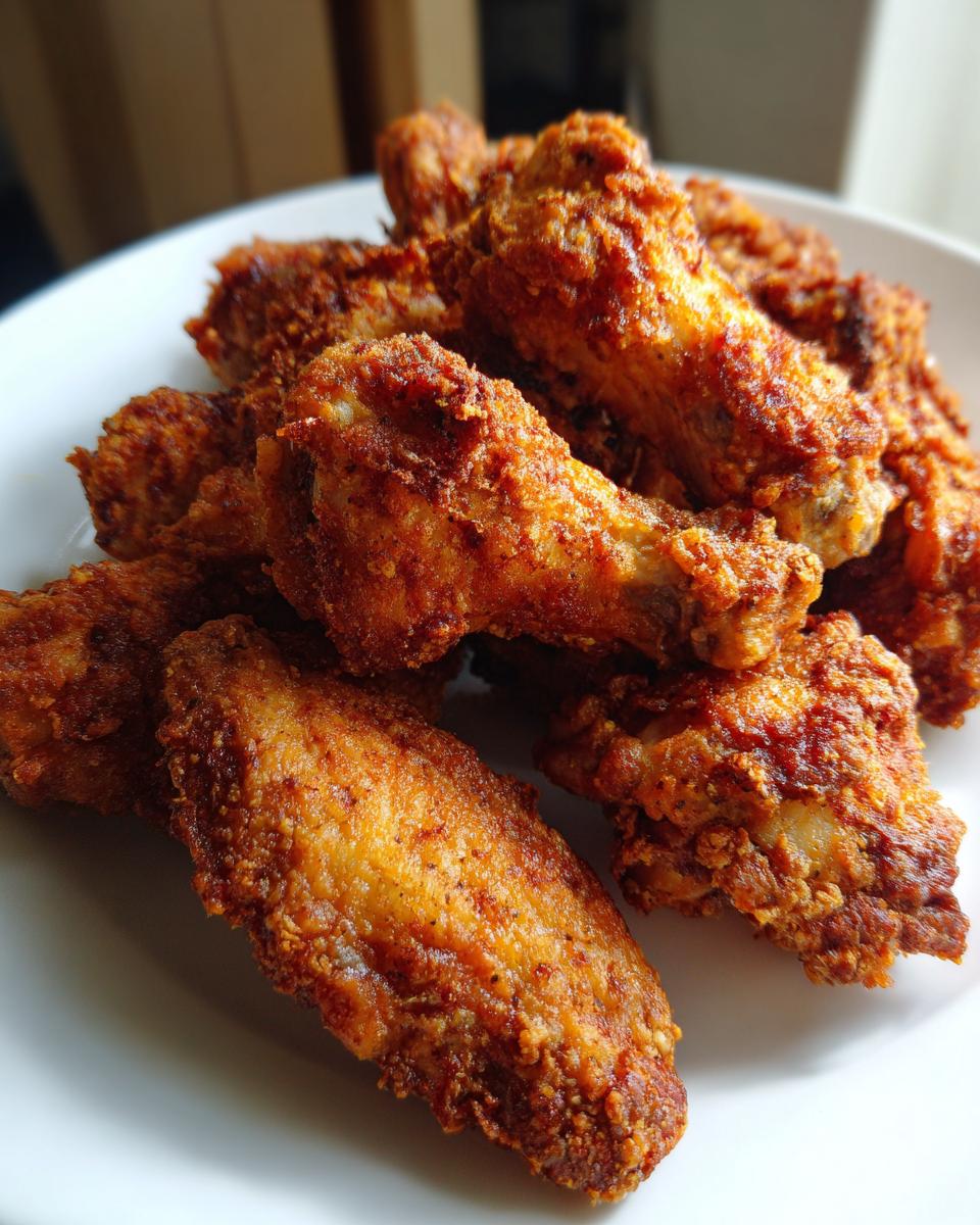 A pile of golden brown, crispy air fryer chicken wings stacked on a white plate.