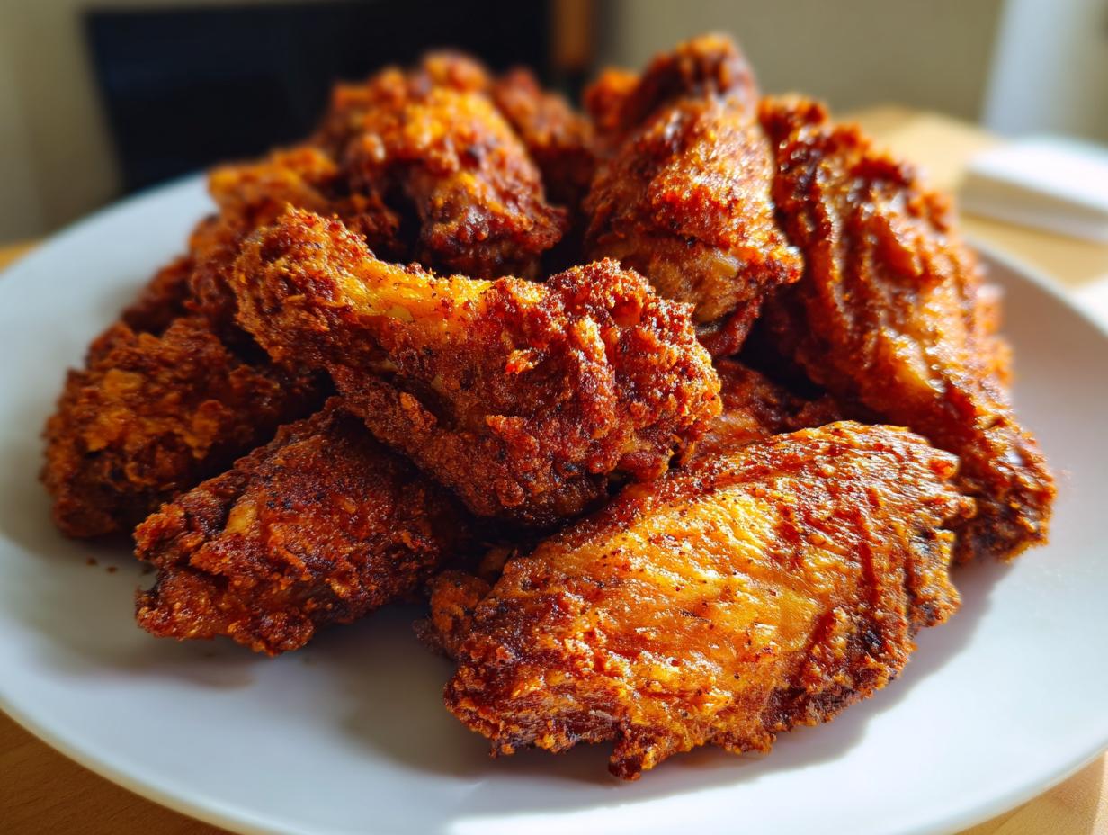 A close-up, appetizing shot of a pile of golden-brown, crispy air fryer chicken wings on a white plate.