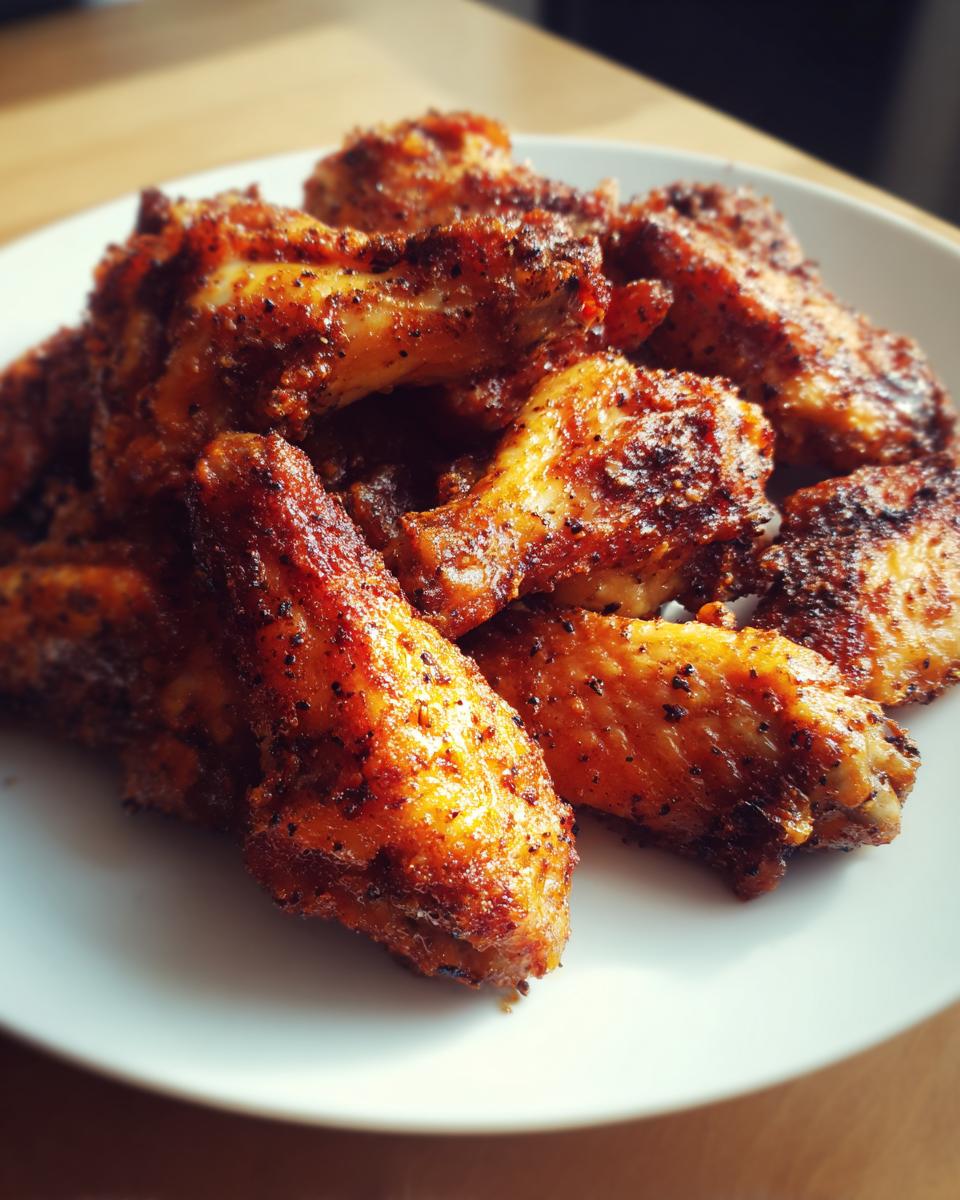 A pile of golden-brown, seasoned, crispy air fryer chicken wings served on a white plate.