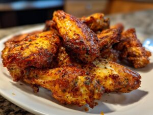 A close-up of several golden-brown, seasoned crispy baked chicken wings piled on a white plate.