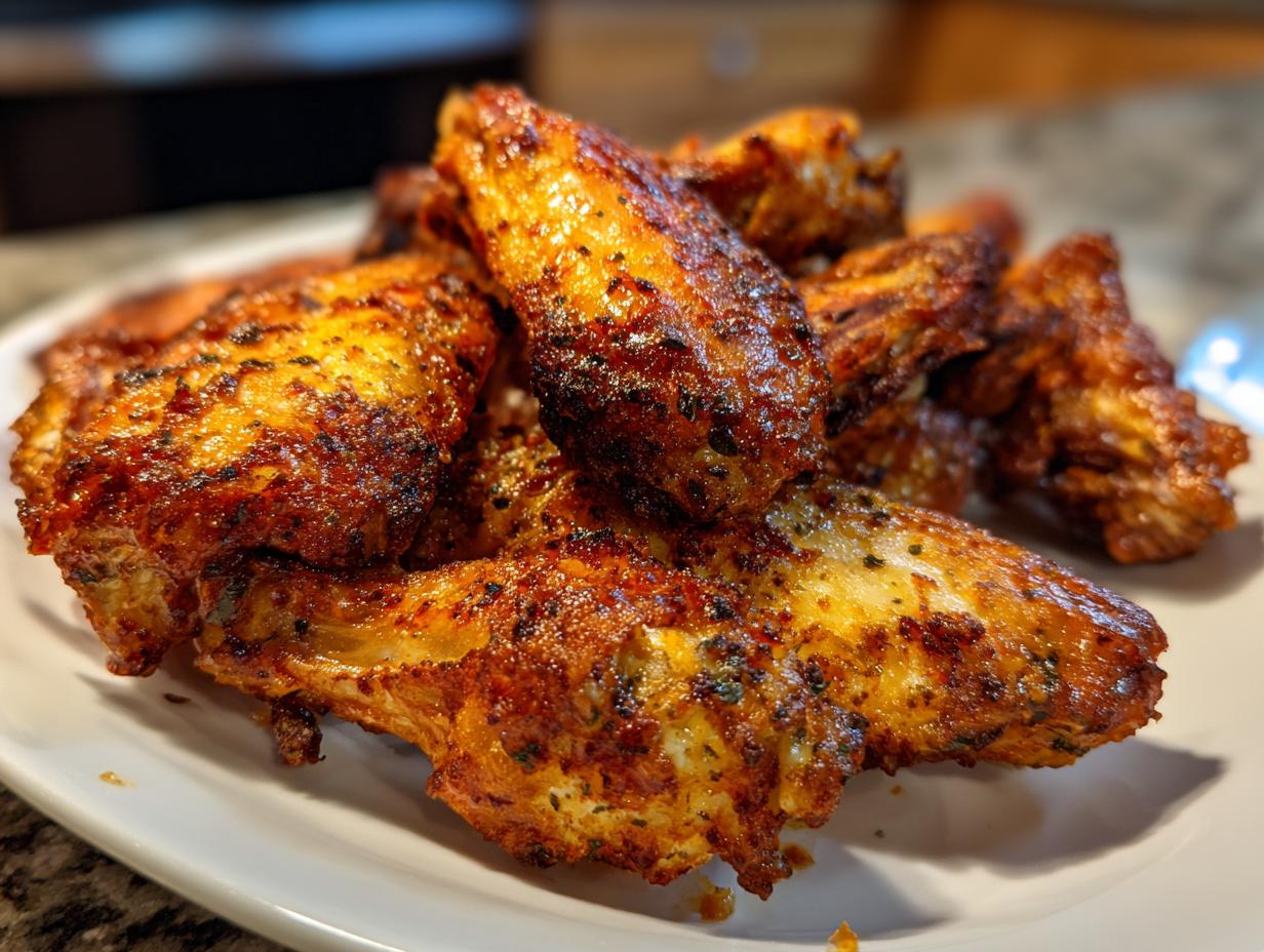 A close-up of several golden-brown, seasoned crispy baked chicken wings piled on a white plate.