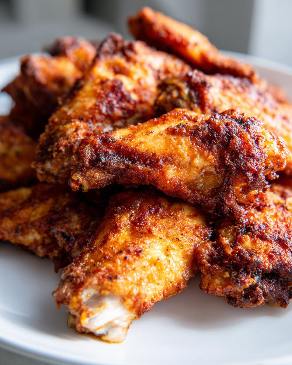 Close-up of a pile of golden brown, crispy baked chicken wings seasoned with spices.