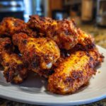 A close-up of a pile of golden-brown, perfectly seasoned crispy baked chicken wings on a white plate.