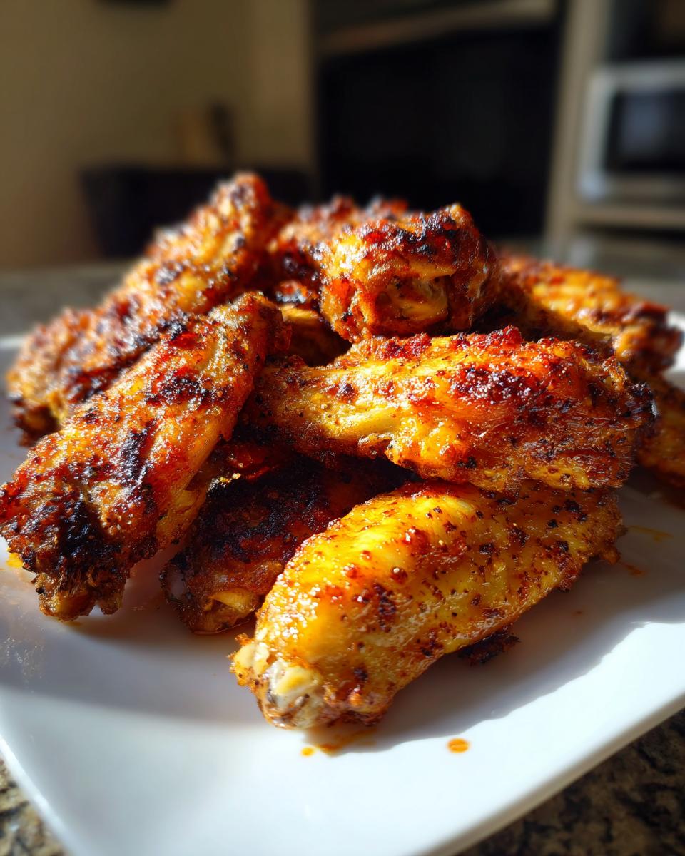 A close-up of a pile of golden brown, seasoned, crispy baked chicken wings on a white square plate.