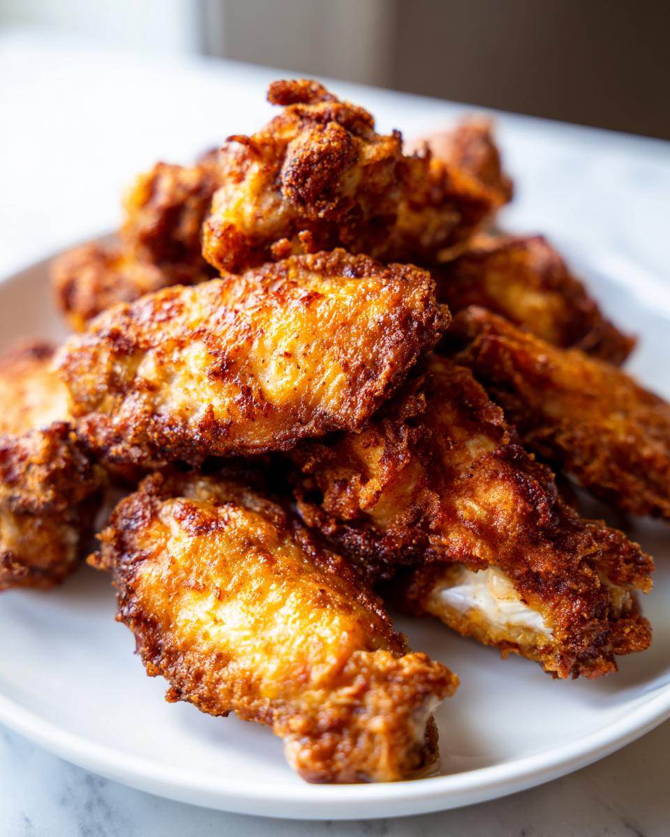 Close-up of a pile of golden brown, crispy baked chicken wings stacked on a white plate.