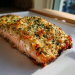 Close-up of a perfectly cooked salmon fillet with a golden, crispy garlic butter crust and fresh parsley.