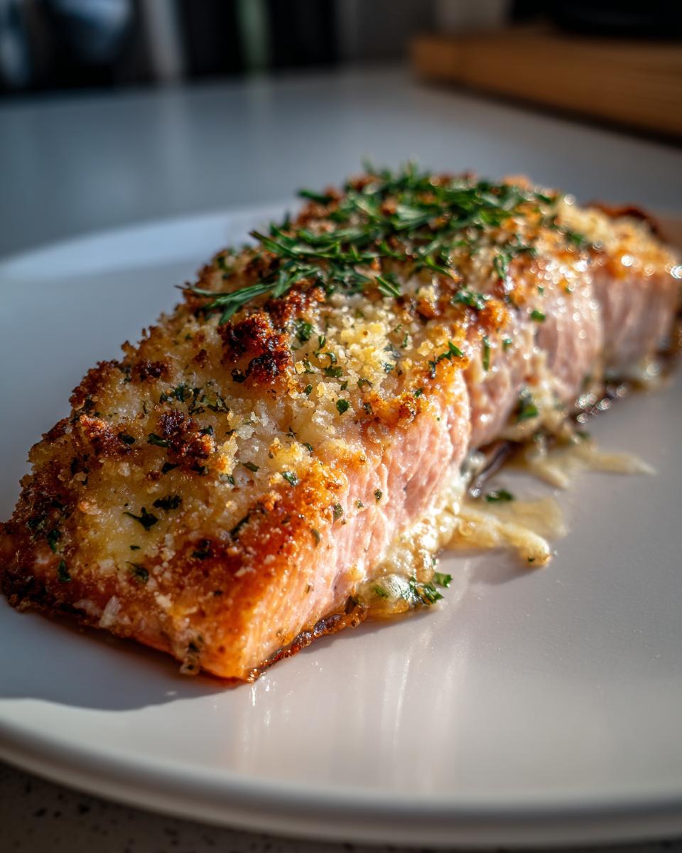 Close-up of a perfectly cooked salmon fillet with a crispy garlic butter breadcrumb crust and fresh herbs.