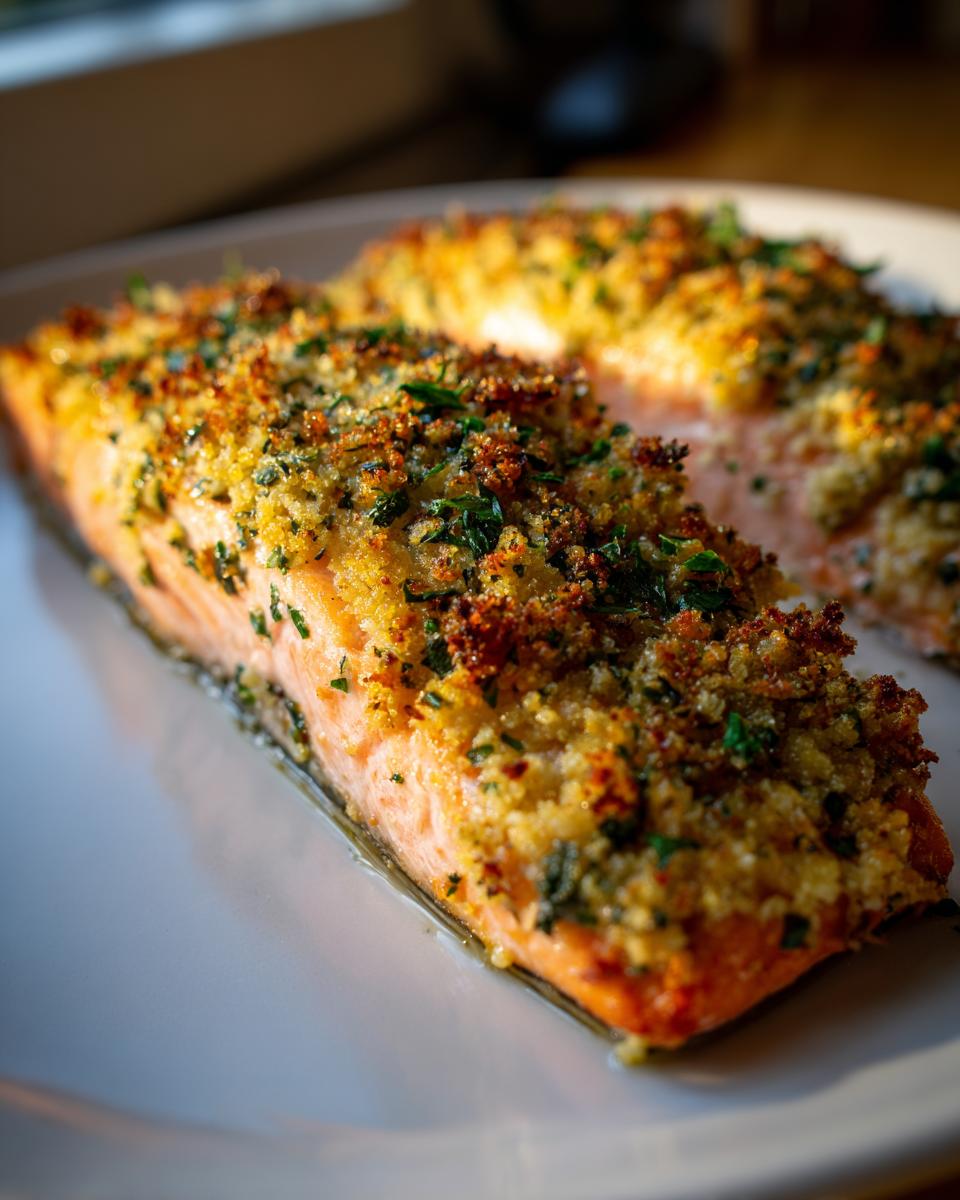 Close-up of a perfectly cooked salmon fillet with a crispy, golden garlic butter breadcrumb topping.