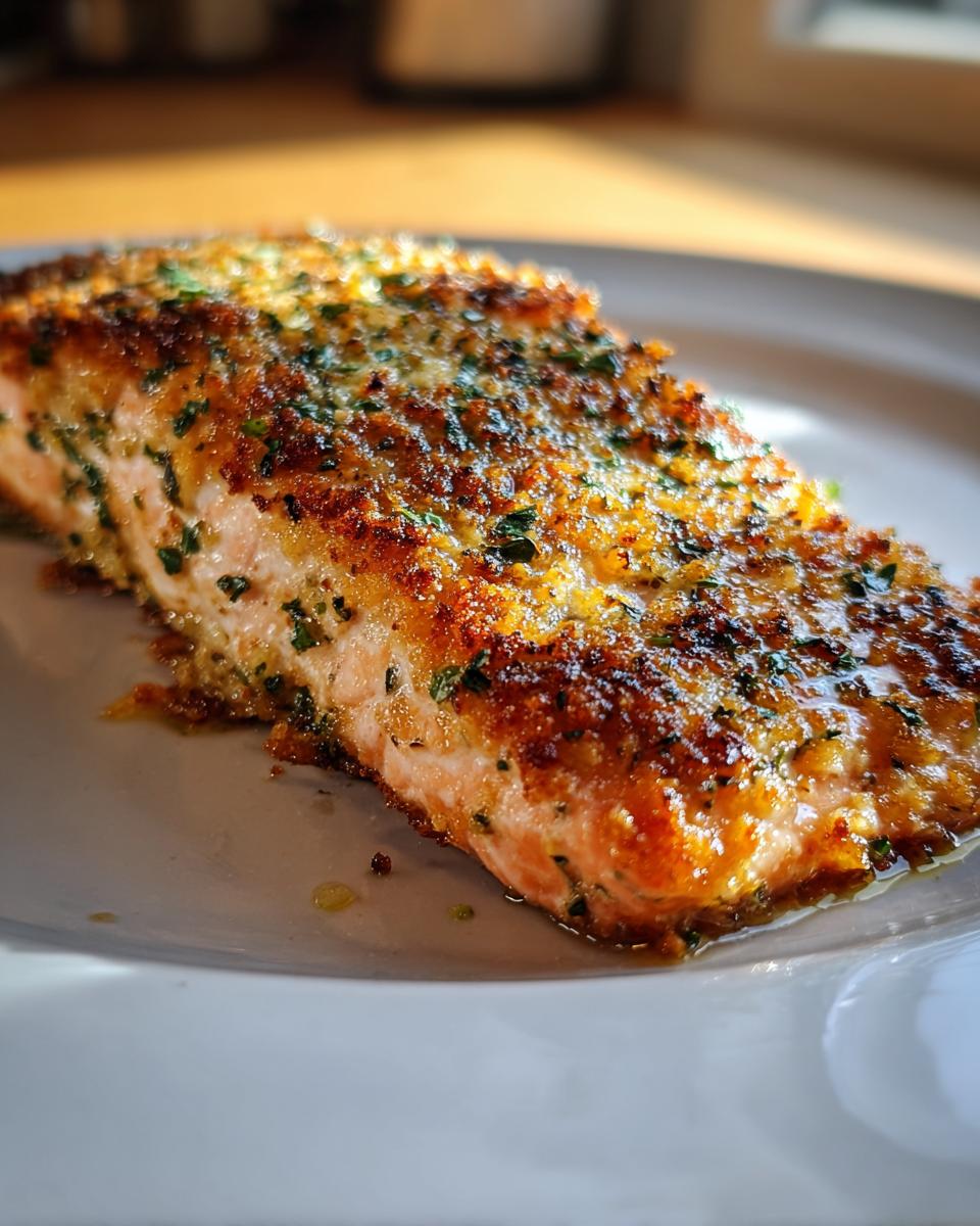 Close-up of a perfectly cooked salmon fillet with a crispy, golden-brown garlic butter crust and fresh parsley.