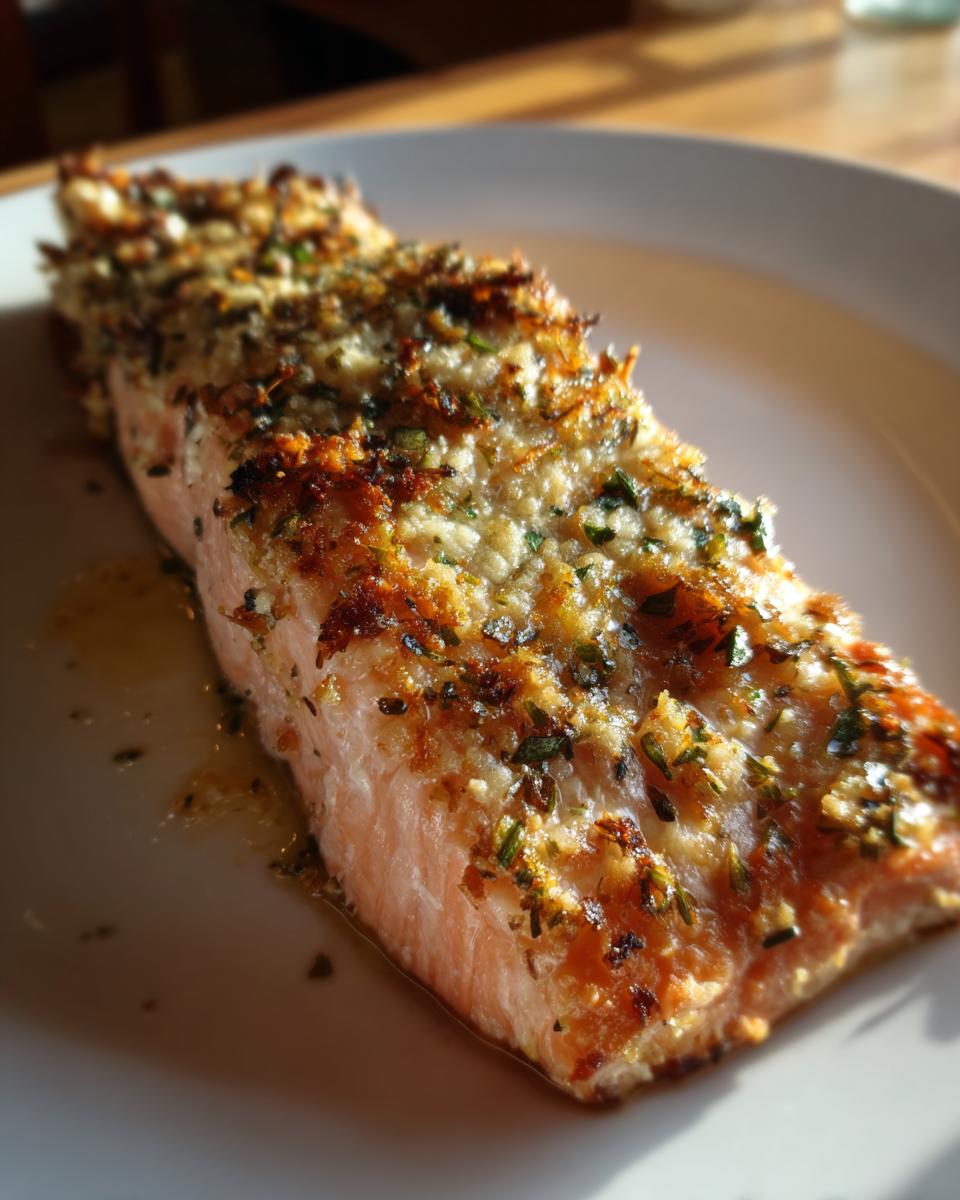 A perfectly cooked fillet of salmon topped with a crispy garlic butter crust, ready to eat.