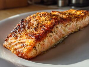 Close-up of a perfectly seared fillet of salmon seasoned with herbs, showing a crispy top crust.