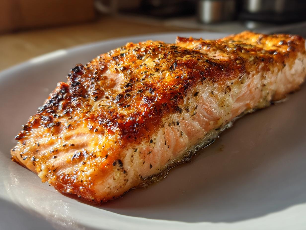 Close-up of a perfectly seared fillet of salmon seasoned with herbs, showing a crispy top crust.