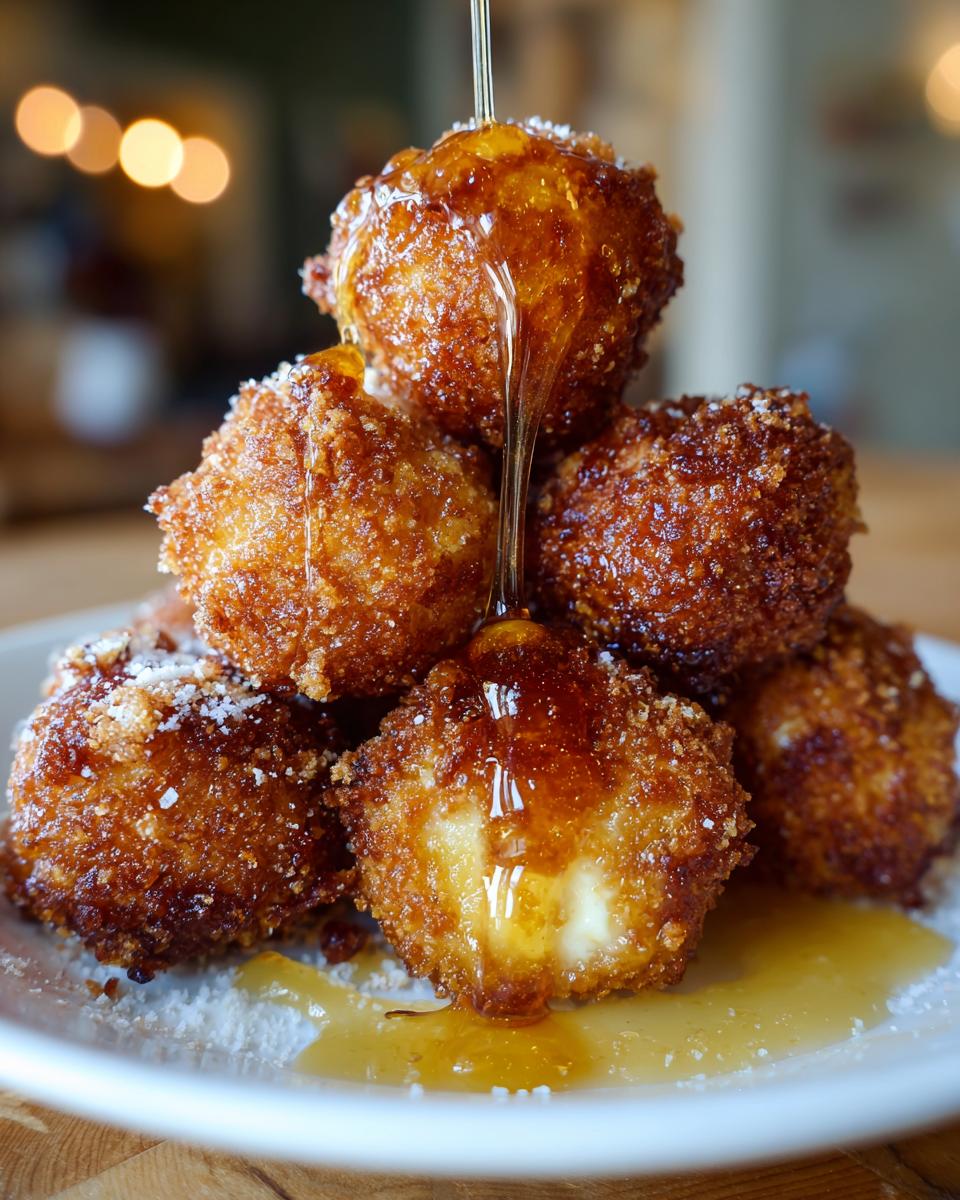 A stack of golden-brown, crispy goat cheese balls being drizzled with thick honey.