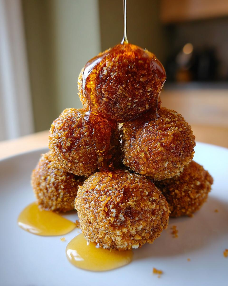 A stack of crispy, golden-brown goat cheese balls being drizzled with honey on a white plate.