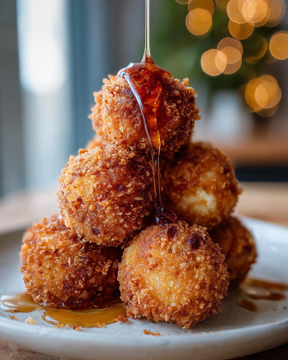 A stack of crispy, golden-brown goat cheese balls being drizzled with honey or syrup.