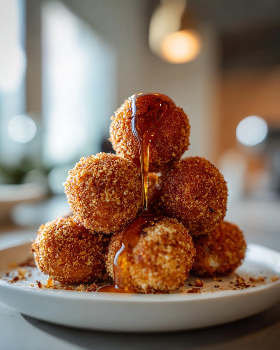A stack of golden, crispy goat cheese balls being drizzled with a thick stream of honey.