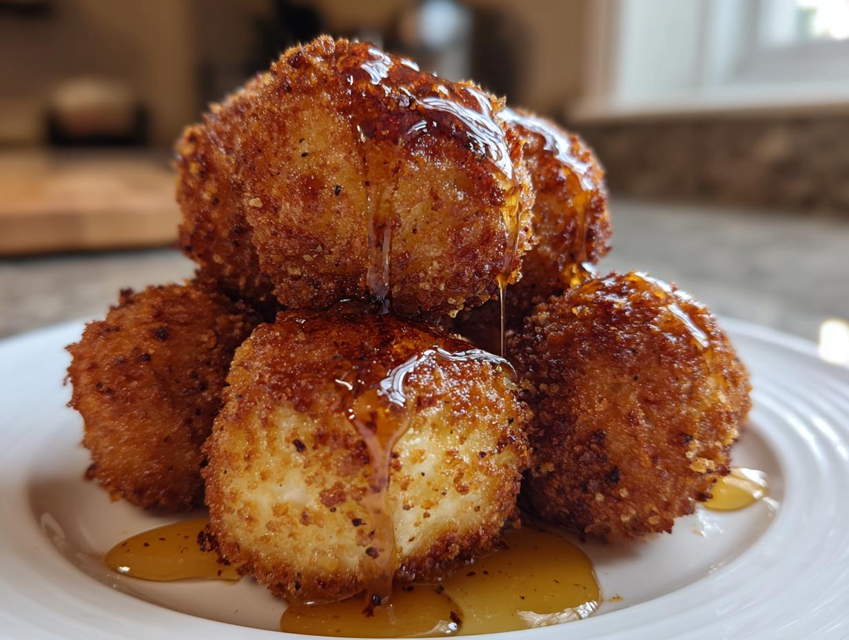 A stack of crispy, golden brown goat cheese balls drizzled generously with honey on a white plate.