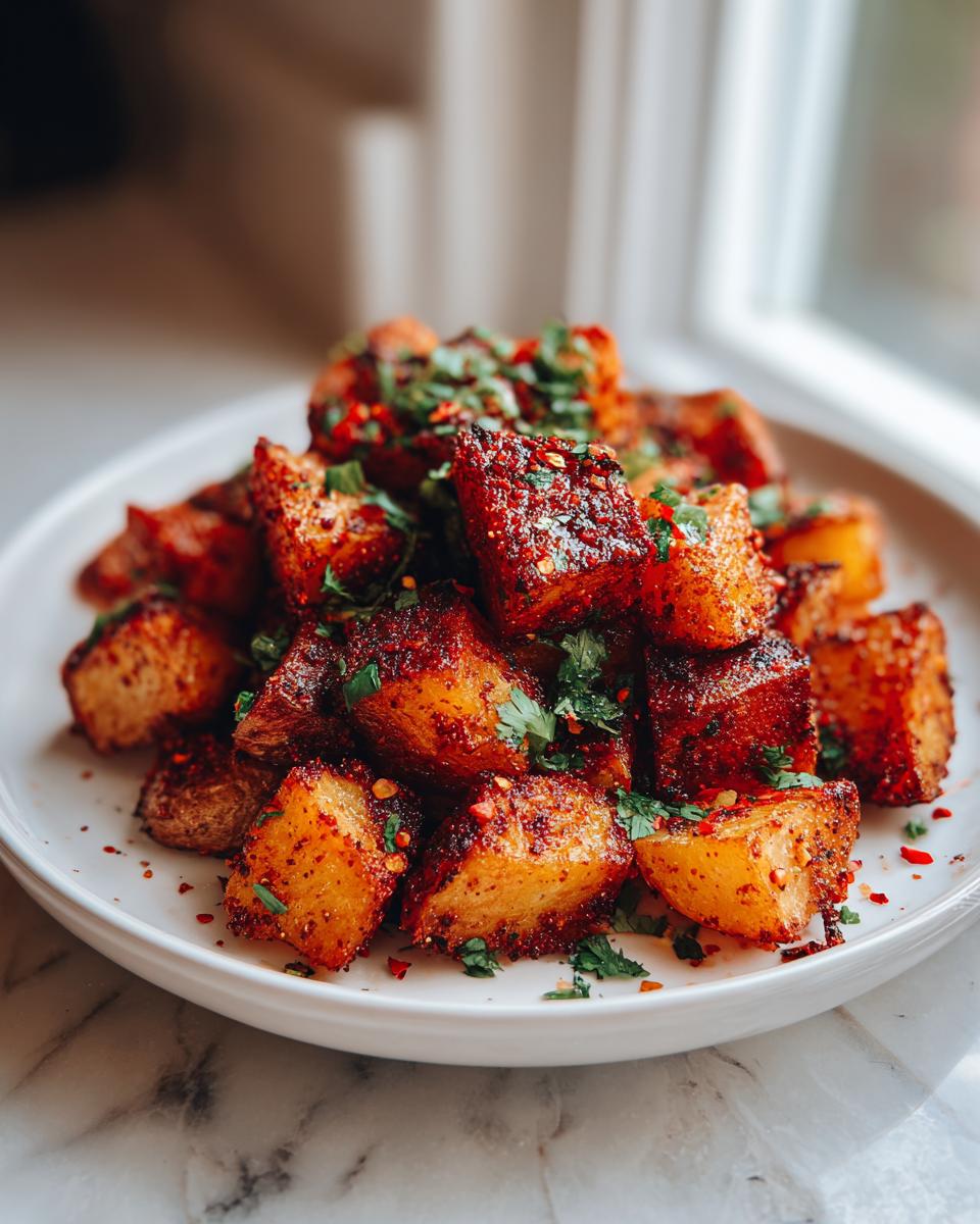 A white plate piled high with crispy, seasoned Mexican potatoes, garnished with fresh cilantro.