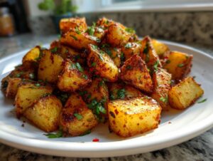 A close-up of crispy, seasoned Mexican potatoes tossed with fresh chopped cilantro on a white plate.
