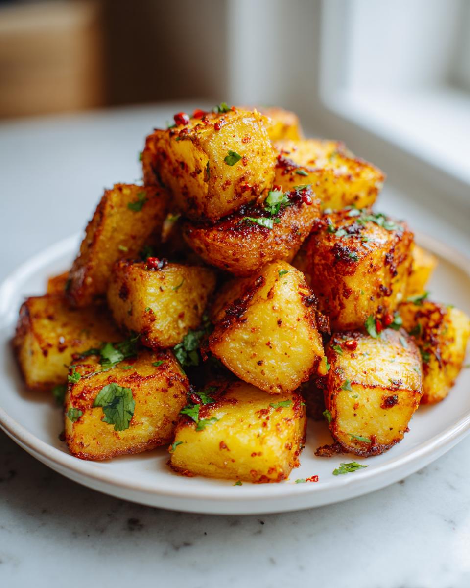 A close-up of a mound of crispy, golden-brown Mexican potatoes seasoned with spices and topped with fresh cilantro.