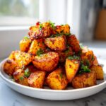 A mound of crispy, golden brown Mexican potatoes seasoned with spices and garnished with fresh parsley.