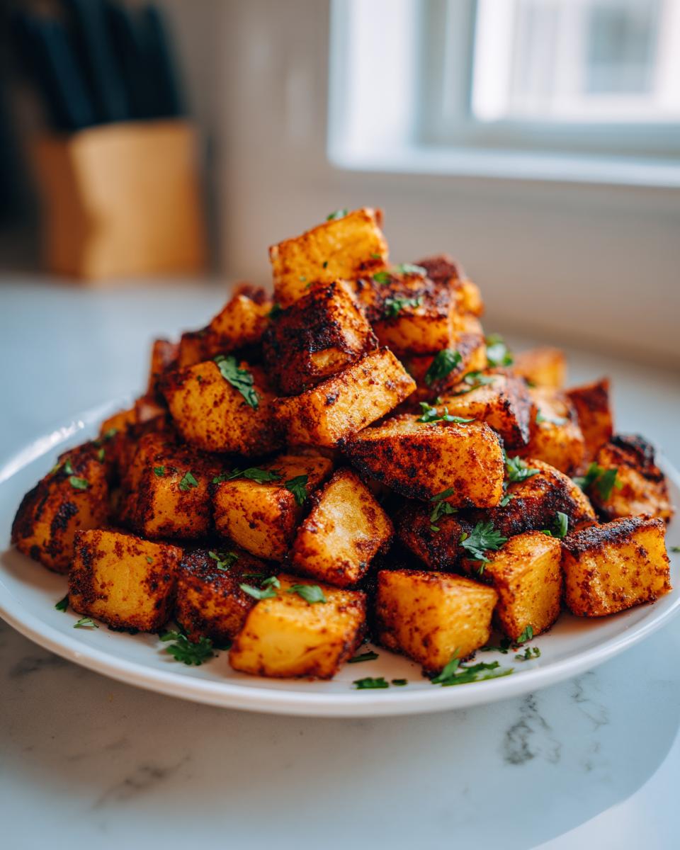 A mound of crispy, seasoned Mexican potatoes garnished with fresh green herbs on a white plate.