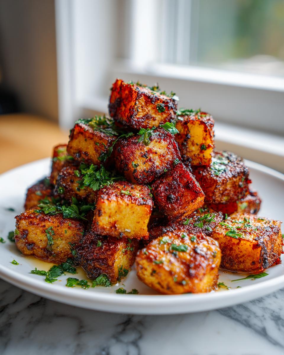 A tall stack of crispy, seasoned mexican potatoes garnished with fresh chopped parsley on a white plate.
